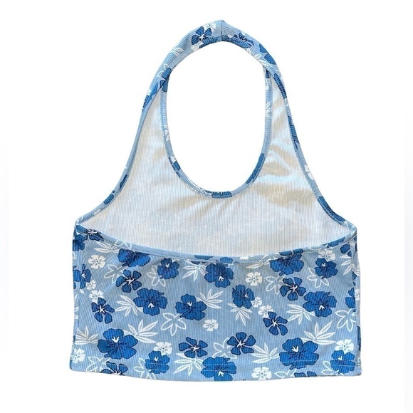 SET of 2 Floral Print Rib Knit Halter Crop Top Blue Pink Hibiscus Hawaii Summer - Picture 8 of 13
